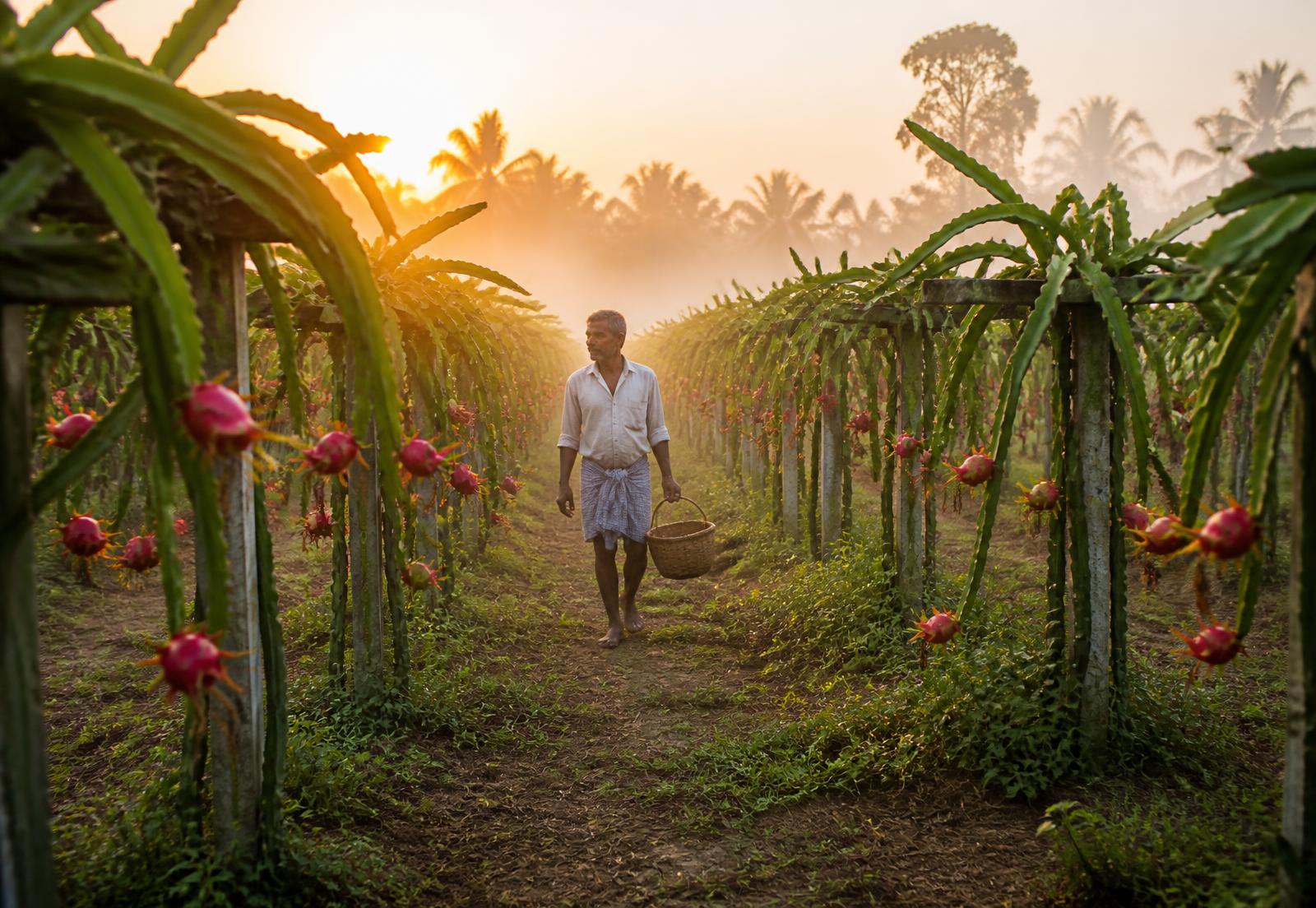 Farmer harvesting a ripe pink dragon fruit at HanJot Farms